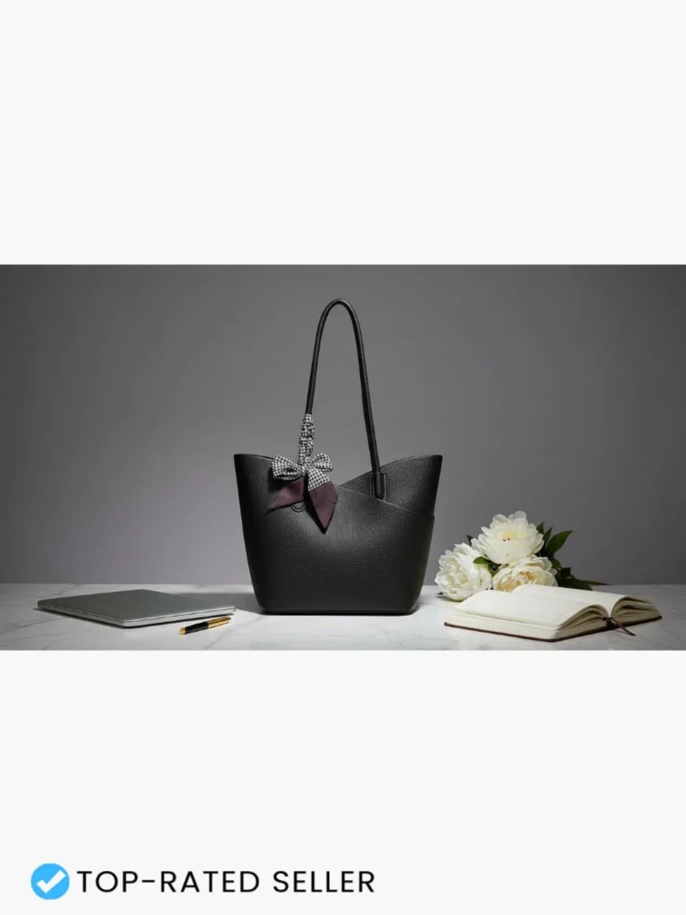 Structured Faux Leather Tote Bag with Matching Clutch and Scarf, 2-in-1 Set